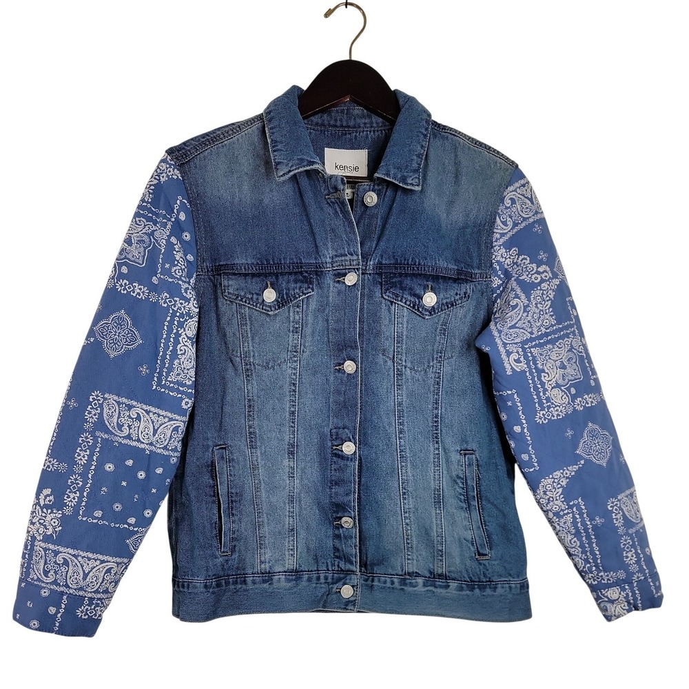 Kensie Vintage Luxe Womens S Denim Jacket Paisley Bandana Quilted Sleeves NWOT